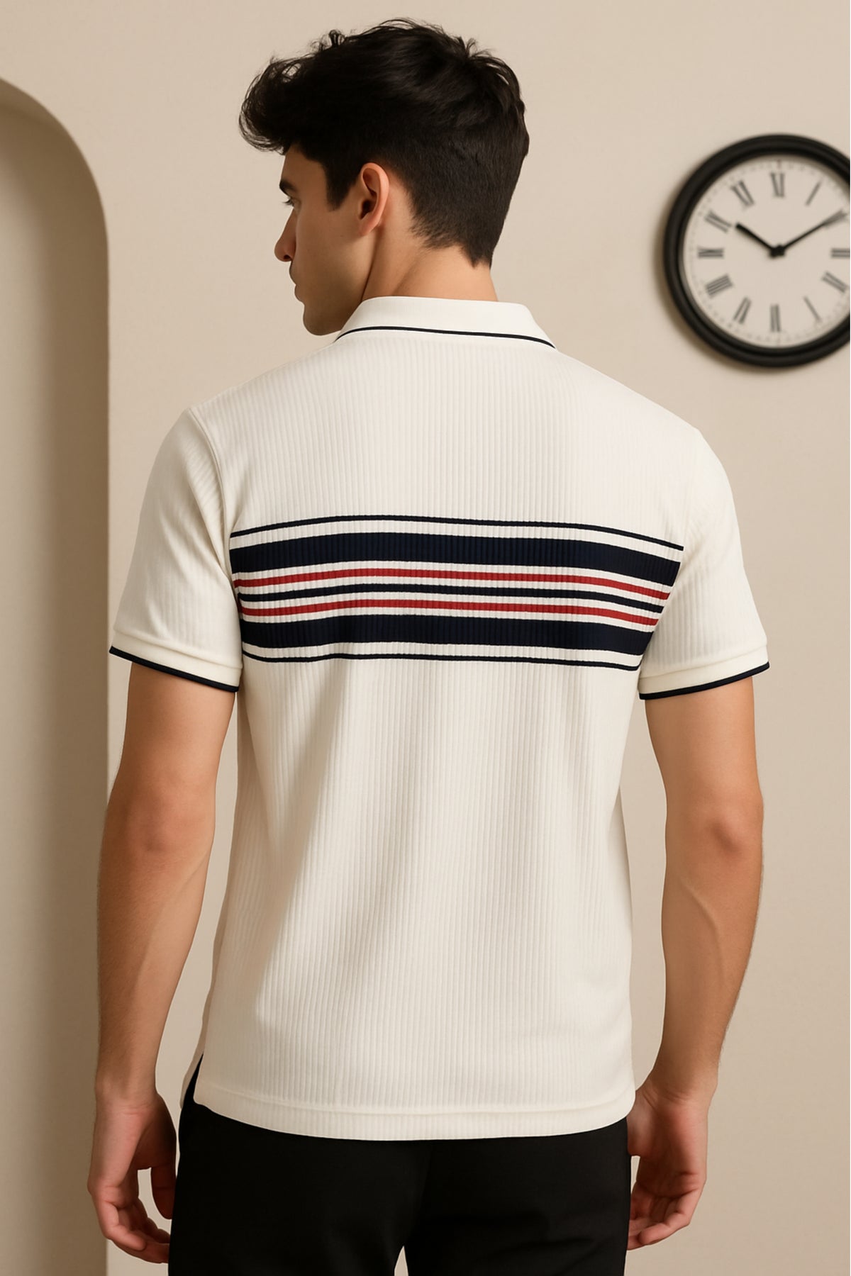 White Polo Collar T-Shirt with Navy & Maroon Stripes