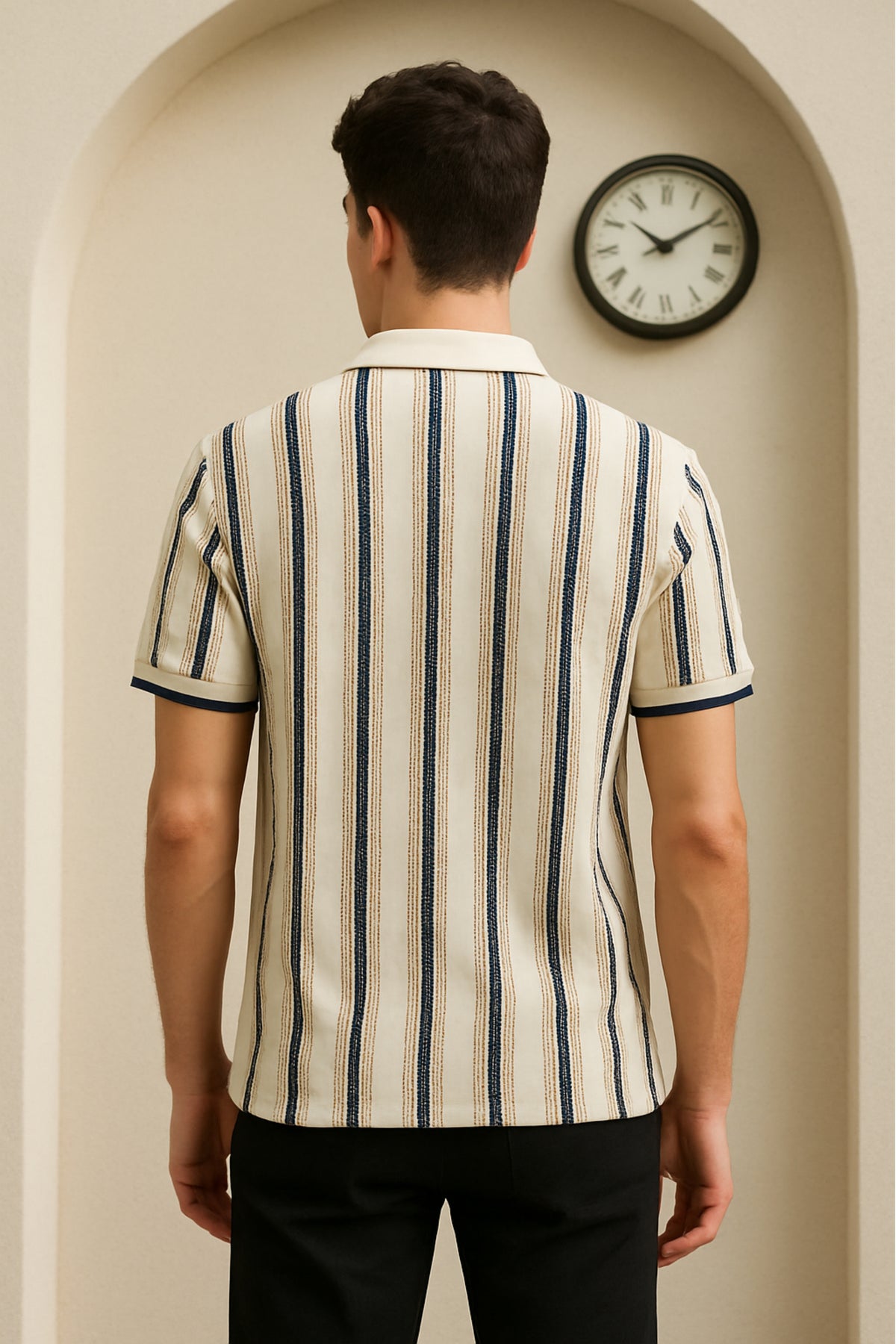 Navy Vertical Striped Polo Collar T-Shirt