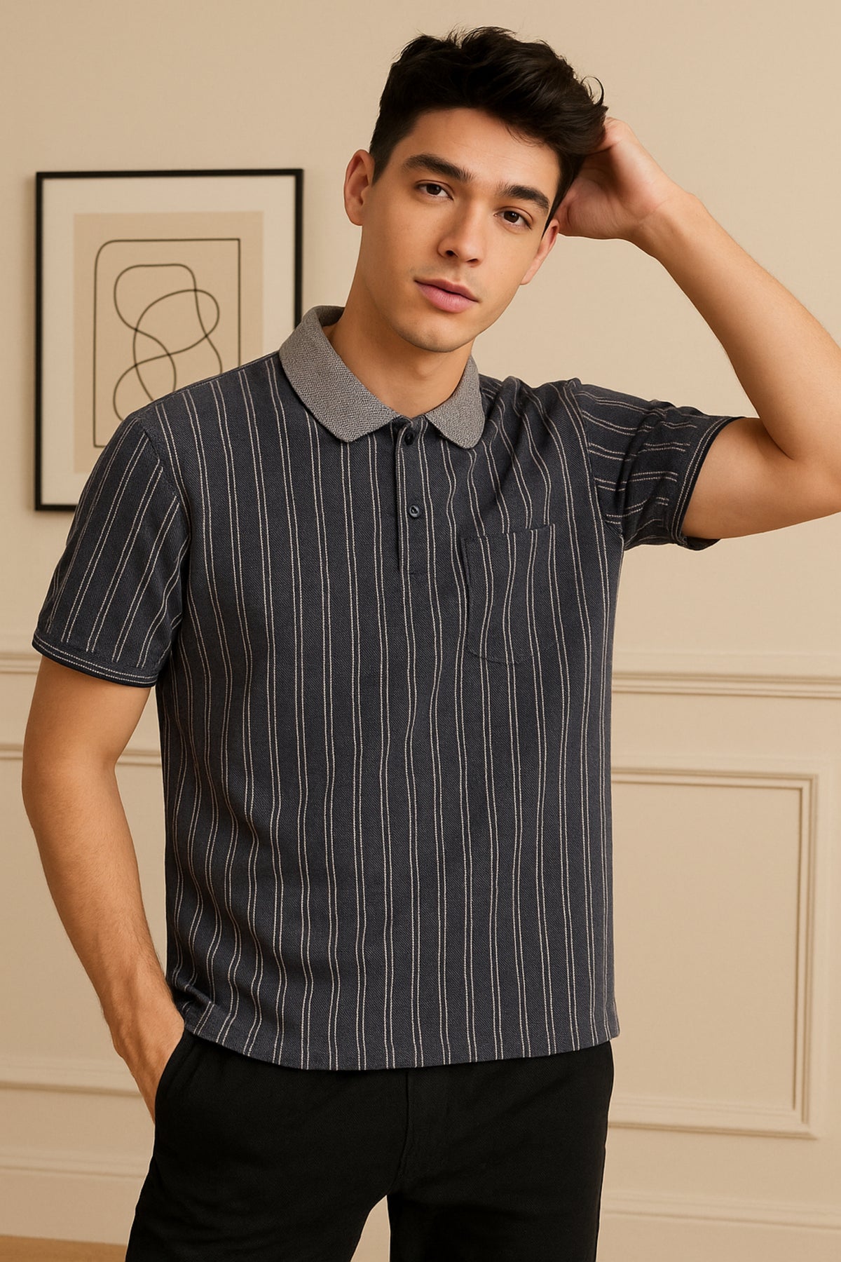 Vertical Stripe Polo Collar T-Shirt