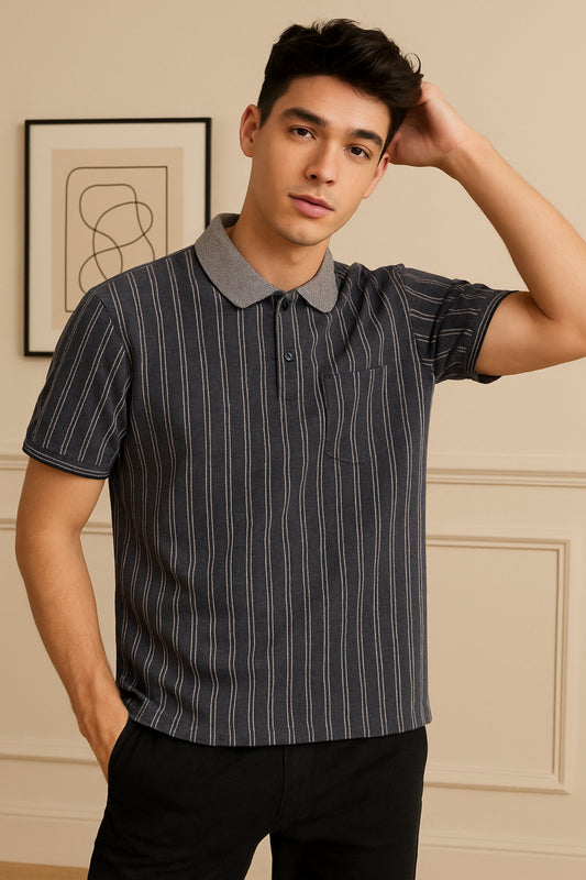 Vertical Stripe Polo Collar T-Shirt