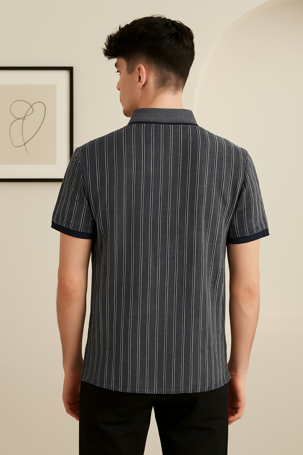 Vertical Stripe Polo Collar T-Shirt