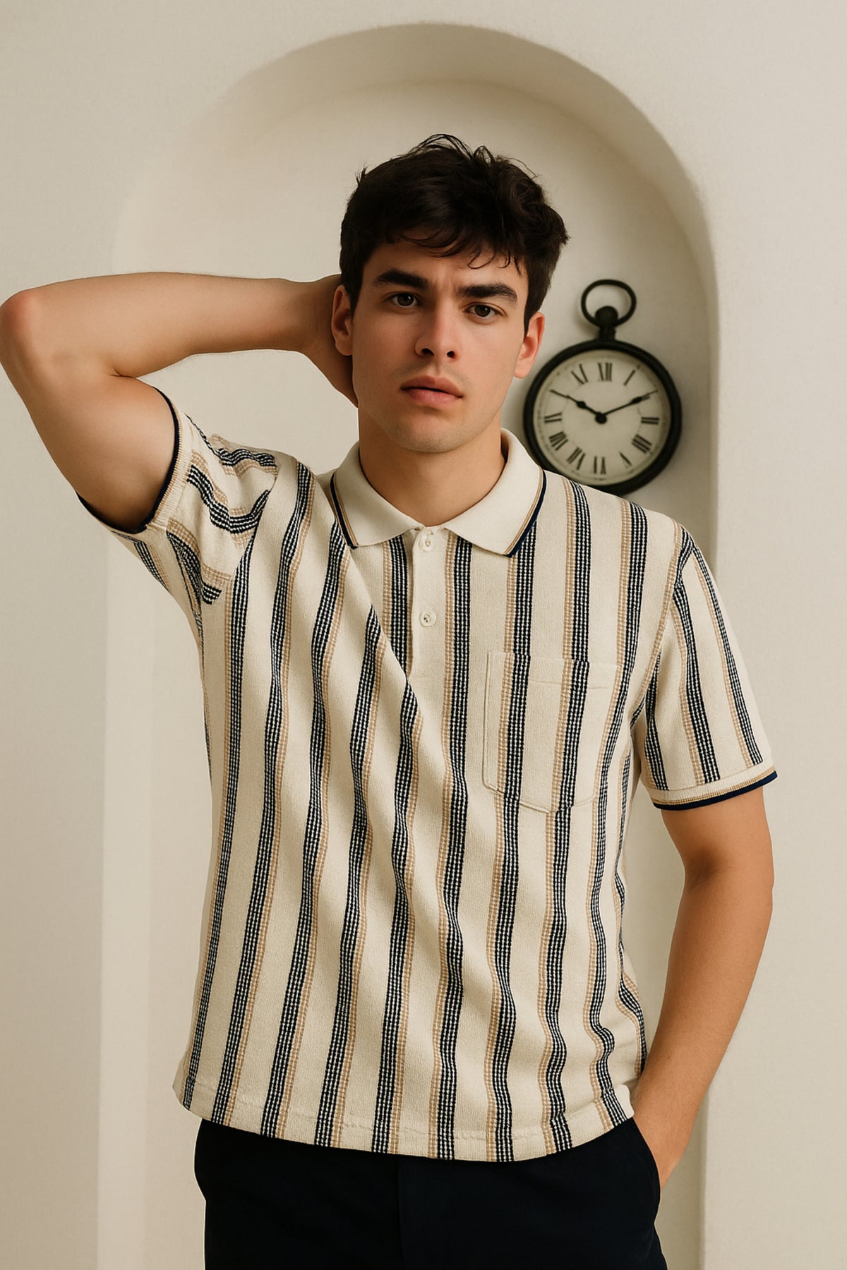 Navy Vertical Striped Polo Collar T-Shirt