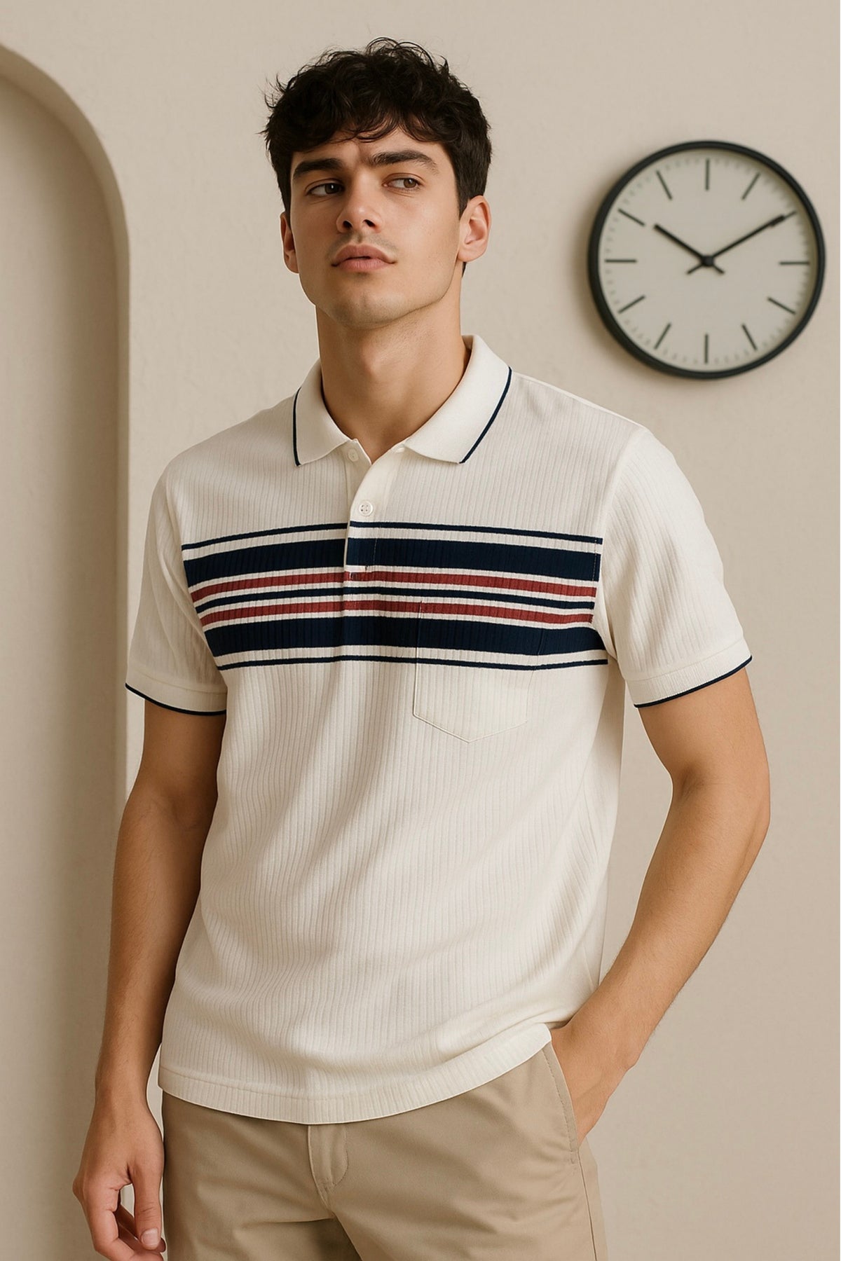 White Polo Collar T-Shirt with Navy & Maroon Stripes